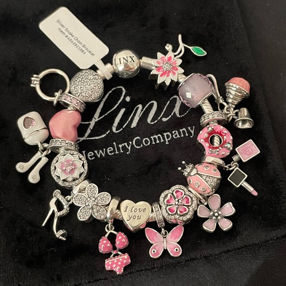 Linx Snake Chain Bracelet with Silver and Pink Themed Charms